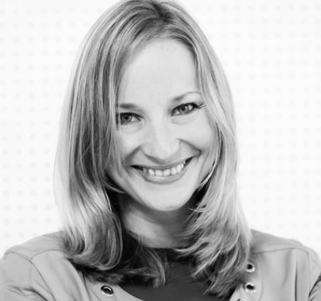 black and white headshot of a woman