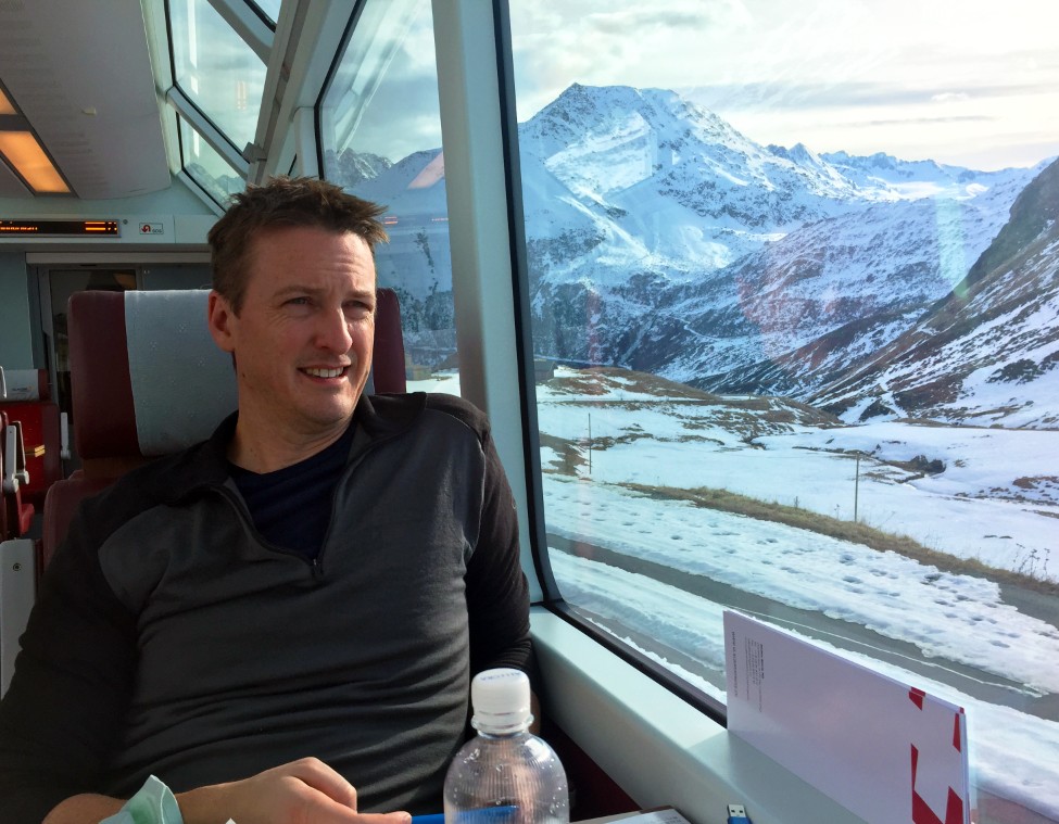 Matt Bowles works remotely from a train in Switzerland